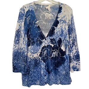 Chico's V-Neck Cardigan Size 3 (Womens XL) Blue & White Floral Topper Layer Prep